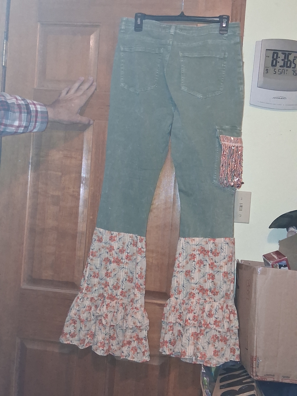 Embellished Light Blue Denim Jeans with Sage Tulle Ruffles - Picture 7 of 7